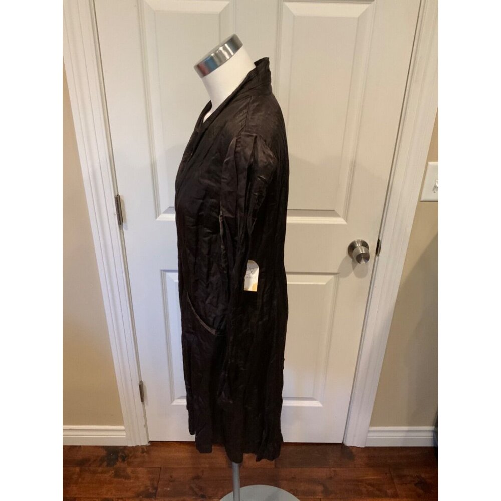 Eileen Fisher Long Brown Silky Snap Button-Up Jacket W/ Rear Vent, Size Medium - Picture 5 of 7